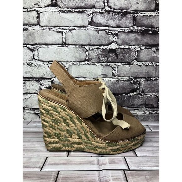 Tory Burch Taupe Canvas Textile Green Tan Espadrilles Wedge Women Sz 10M US/41EU - Picture 3 of 15